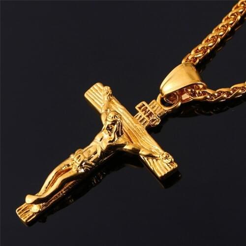 Men Chain Christian Jewelry Gifts Vintage Cross INRI Crucifix Jesus Piece Pendant & Necklace Gold Color Stainless Steel