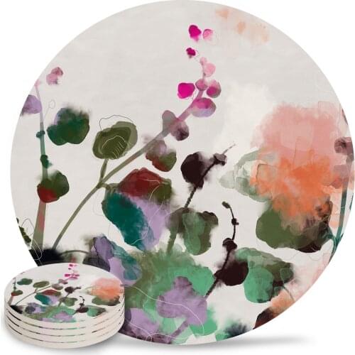 Floral Abstract Summer Round Coaster Set Non-slip Heat Proof Ceramic Coffee Drink Coasters Table Decoration Placemats