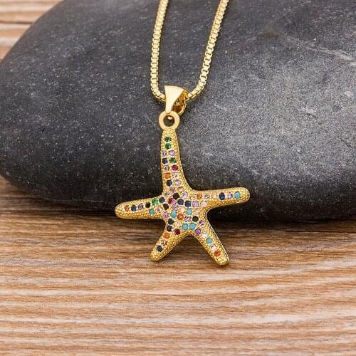 New Design Gold Starfish Charm Necklaces Pendant Rainbow Cubic Zirconia For Women Jewelry Chain Statement Choker Necklace Gifts