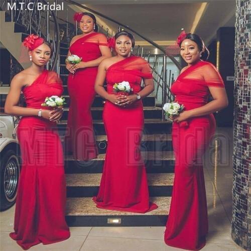 Wholesale One Shoulder Red Mermaid African Bridesmaid Dresses Plus Size Tulle Elastic Satin Long Wedding Guest Dress Cheap