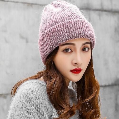 Wholesale Women Knitted Winter Hat Female Warm Rabbit Fluff Beanie Girl Solid Bonnet Soft Hats 100PCS/lot