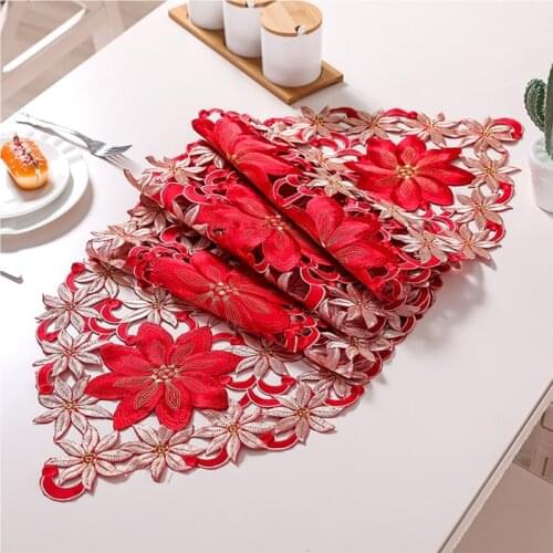 Holiday Christmas Table Runner, Cutwork Embroidered Floral Christmas Flower Dresser Scarf Table Topper for Home Dining