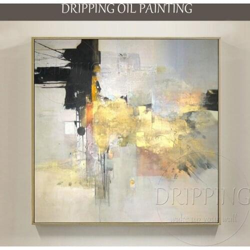 Expert Artist Pure Hand-painted Abstract Gold Color and Gold Foil Oil Painting on Canvas Vivid Abstract Golden Foil Oil Painting