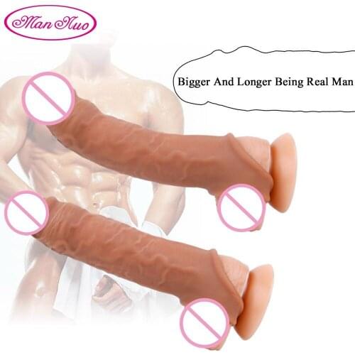 Realistic Penis Enlargement Sleeve Reusable Male Liquid Silicone Condoms Delay Ejaculation Enlargement Penis Adult Sex Products