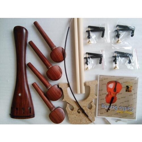 1 Set Rose wood Cello Parts 4/4 including cello tail piece 4 pcs pegs+2 sound post+4 string adjuster+cello gut etc all 4/4 SF40