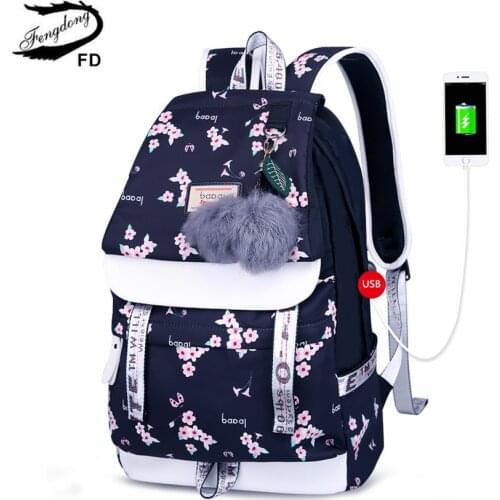 Fengdong school bags for girls cute flower cat pattern backpack usb charge book bag plush ball decoration kids school backpack