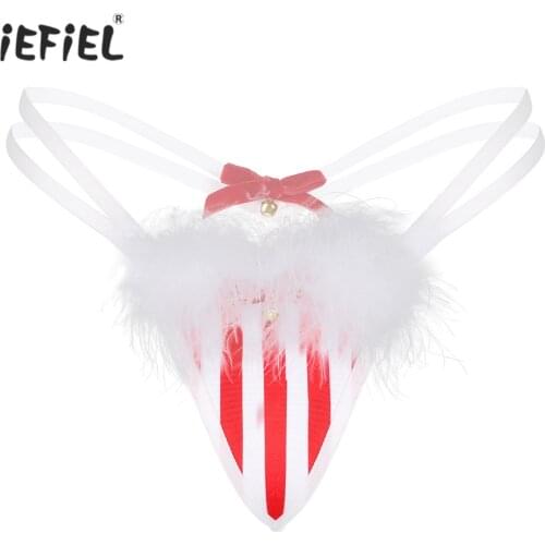 Womens Christmas Lingerie Low Waist Bell Decor T-Back Thong Bowknot Feather Trim Briefs Elastic Strap Striped G-String Underwear