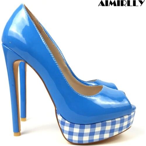 Womens Peep Toe High Heels Pumps Blue & White Grids Platform Stilettos Elegant Ladies Footwear Blue Patent Slip On Aimirlly