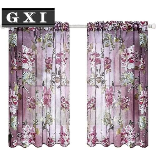 Purple Flowers Tulle For Kitchen Living Room Bedroom Sheer Curtains Home Decoration Short Window Treatments Voile Panel Drapes