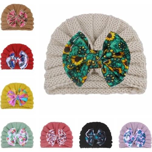 Toddler Comfortable Warm Knitting Wool Cap Vintage Print Bowknot Baby Girl Turban Hat Handmade Crochet Striped Headwear Kid Gift