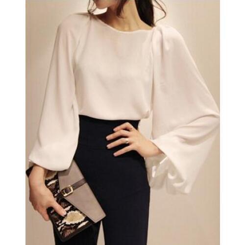 2019 Pure White Blouse Blusa Chiffon Women Office Shirt Puff Long Sleeve Blouses Blusas Femininas Formal Ladies Tops M-XL