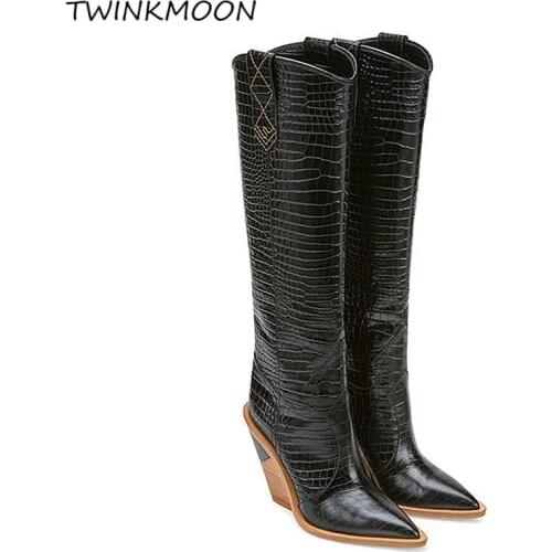 Snake Pattern Women High Boots Winter 2020 Knee High Boots High Heels Wedges Shoes Point Toe Punk Sexy buty damskie