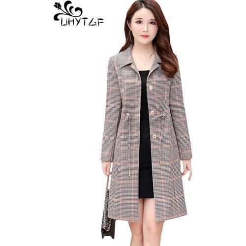 UHYTGF Female trench coat High quality plaid spring autumn tops outerwear Lace-up slim thin 4XL plus size windbreaker womens 774