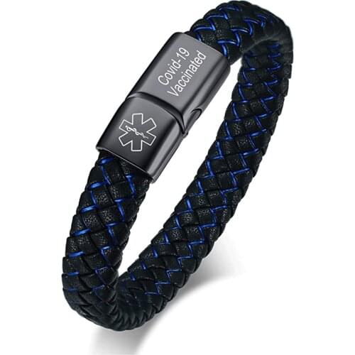 Free Customized Blue Braided Leather Medical Symbol Caduceus with Magnetic Clasp Cuff Wristband Bracelet Custom Jewelry for Men