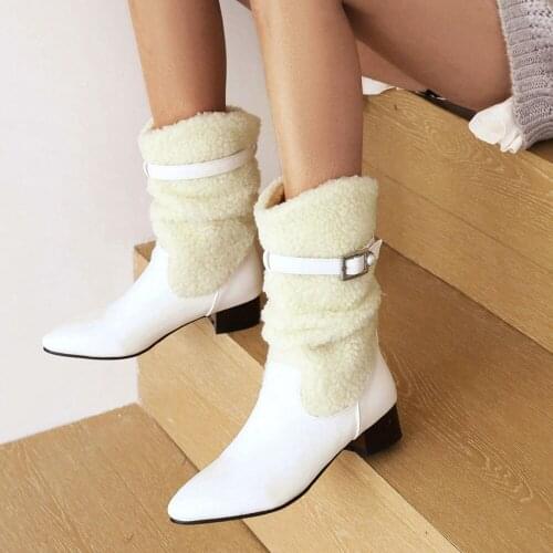 Luxurious White Black Thick High Heel Ankle Boots Women Pointed Toe Keep Warm Elegant Short Booties Ladies Buckle Decoration