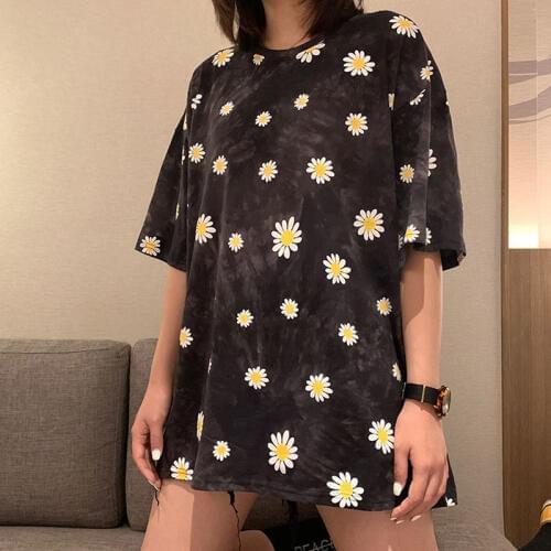 New Top flower daisy short-sleeved womens tshirt loose was thin oversized half-sleeved clothes tide Korean Harajuku t shirt