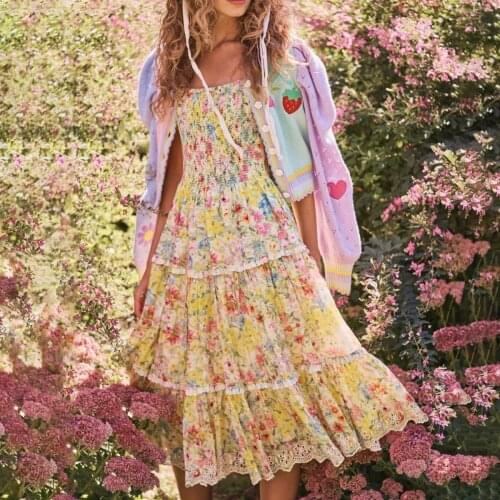 Jastie Summer Women Dresses 2021 Floral Print Square Neck Puff Sleeve Lace Edge Midi-Dress Bohemian Holiday Beach Party Dress