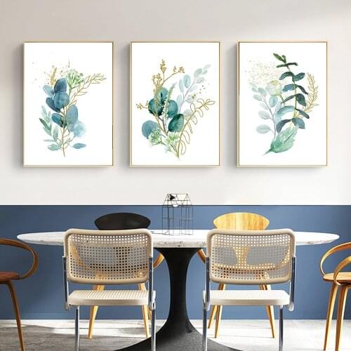 Canvas Painting Nordic Fresh Green Watercolor Eucalyptus Leaf Golden Art Prints Gallery Wall Decoration For Modern Home