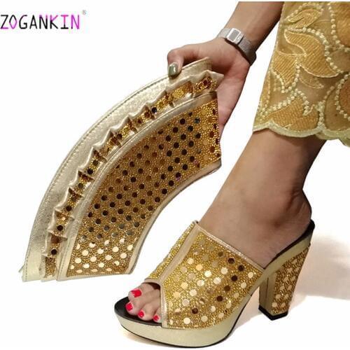 Gold 2019 Hot Selling African Party Shoe and Bag Sets Italian Shoes and Bags to Match Shoes with Bag Set with Shinning Crystal