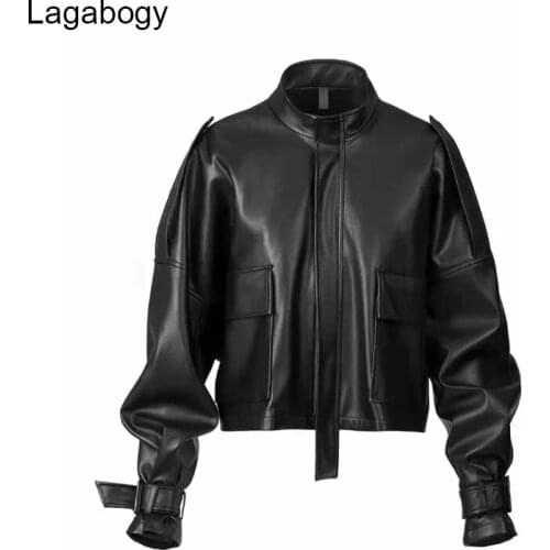 Lagabogy New Spring Autumn Women Loose Black Pu Faux Leather Jacket Female Motorcycle Biker Big Pocket Casual Style Coat Outwear
