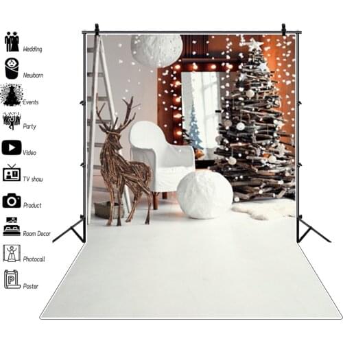Laeacco Christmas Photocall Tree Ball Fireplace Deer Gift Light Wreath Photography Backdrops Photo Backgrounds For Photo Studio