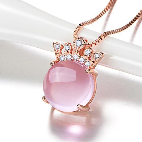 MOONROCY Rose Gold Color Ross Quartz CZ Pink Opal Pendant Necklace Chokers for Women Girls Gift Crown Princess Jewelry Drop