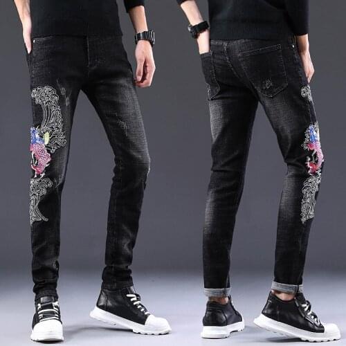 Mens slimming elastic black jeans carp embroidery trendy denim pants scratched casual pants jeans
