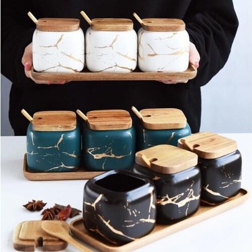 Nordic Style Marble Pattern Ceramic Kitchen Seasoning Tank Set Wooden Cover Salt Shaker Spice Jar Kitchen Accessories 3 pcs set