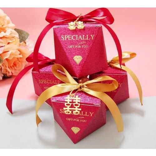 New Creative Burgundy Diamond Gift Bag Box for Party Baby Shower Paper Chocolate Boxes Package Wedding Favours candy Boxes