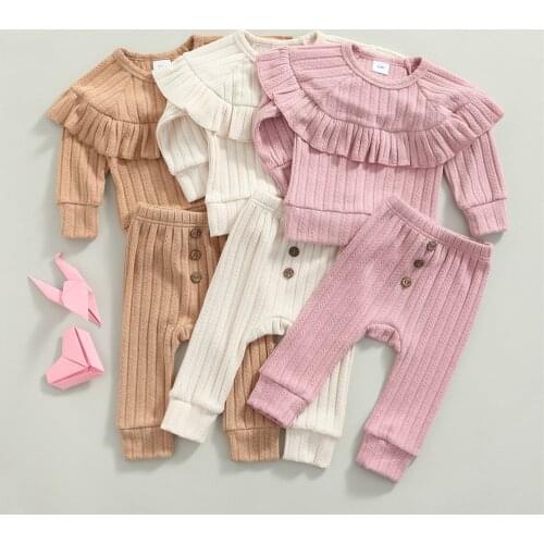 3 Colors Autumn Casual Baby Girls Clothes Sets Solid Ruffles Knitted Long Sleeve Sweater Tops+Button Elastic Waist Pants Outfits