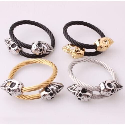 Punk Style Skull Head Cuff Charm Bracelets & Bangles for Men Women Silver Color 316L Stainless Steel Wire Bangle Jewelry