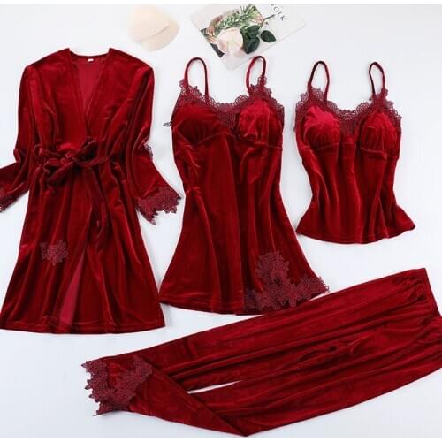 Sexy Lace Nightwear Pajamas Suit Intimate Lingerie Women Velour Sleep Set 4PCS Kimono Robe Velvet Soft Homewear Sleepwear