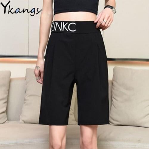 Elastic Waist Letter Printed Straight Shorts Summer Thin Womens High Waist Shorts Korean Fashion Wide-leg Ladies Sports Shorts