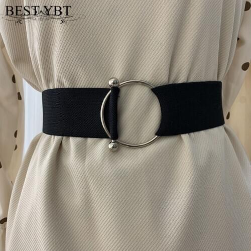Best YBT Belts for Women Black Simple Waist Elastic Ladies Band Round Buckle Decoration Coat Sweater Fashion Dress Rice White