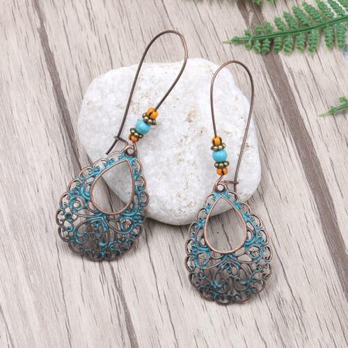 Vinage Ancient Green Hollow Totem Pendant Hoop Earrings for Women Boho Ethnic Bohemian Beads Water Drop Ear Cuff Earrings Hoop