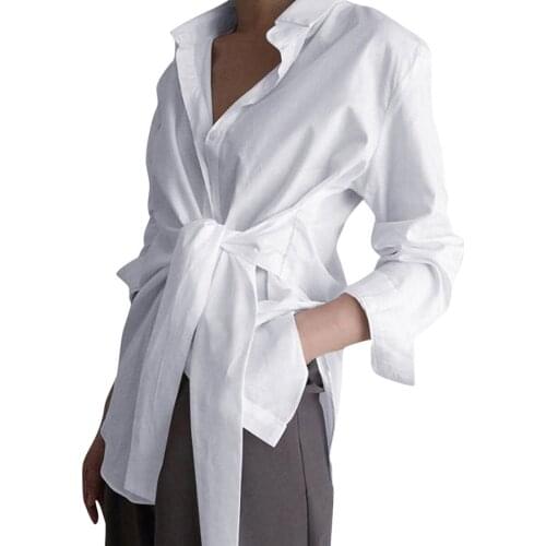 2020 New Summer Autumn Stylish Lace Up Bandage Shirt Ladies Solid Color Blouse Female Lapel Long Sleeve Top High Street Clothing