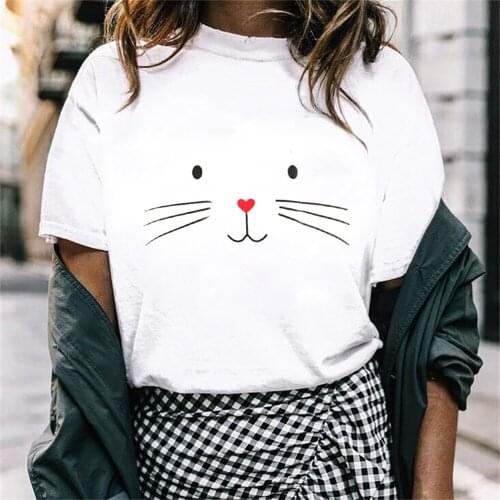 Cartoon Cat Face Print T Shirt Women Short Sleeve O Neck Tshirt Women Summer Ladies Fashion Tee Shirt