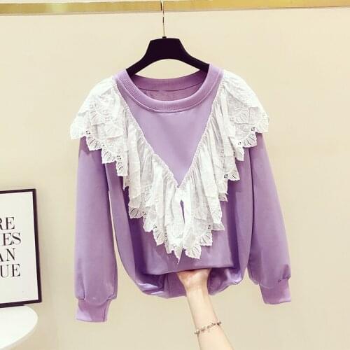 Lace Patchwork Casual Hoodies Female 2020 Autumn Winter New Lazy Wind Loose Pullover Long Sleeve Jumper Top Women Sweatshirt