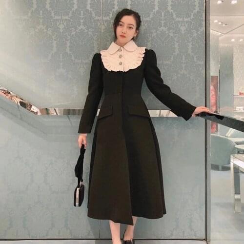 Women Black Woolen 2021 Elegant Turn Down Collar Diamond Single Breasted Slim Long Trench Coat Dress Female Winter Outwear