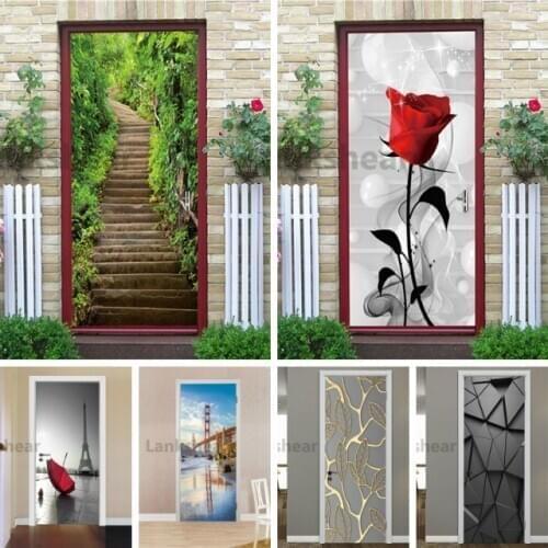 3D Door Sticker Wood Adhesive Waterproof Wallpaper For Doors Living Room Bedroom Poster DIY Mural Decals Home Decor Deursticker