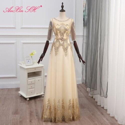 AXJFU golden lace red Evening dress new style banquet long princess o neck beading crystal golden flower bride evening dress