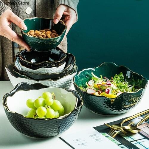 Household Ceramic Salad Bowl High Temperature Resistant 1200ml Large Soup Bowl with Gold Border 8 Inch Fruit Bowl Dessert Bowl