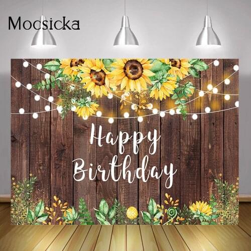 Sunflowers Themed Happy Birthday Photo Background Green Leaves Rustic Wood Birthday Party Banner Backdrop Decoration Photocall