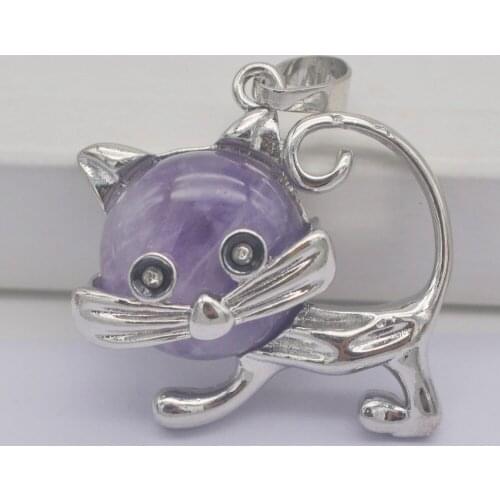 Purple Crystal Stone GEM Pendant Lovely Cat Animal Jewelry For Gift S3234