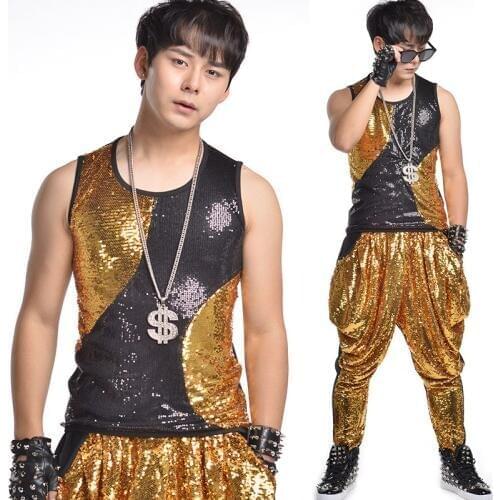 New Gold Costume Vest+Pant 2PCS Suit GD Dance Wear DS Bar Punk Style Clothing Haren Pants DJ Costume GoGo Dancers Costume BL2105