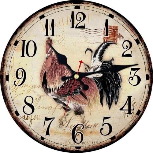 Animal Cockfighting Round Modern Farmhouse Vintage Wooden Silent Wall Clock Rooster Antique Quartz Kitchen Clocks