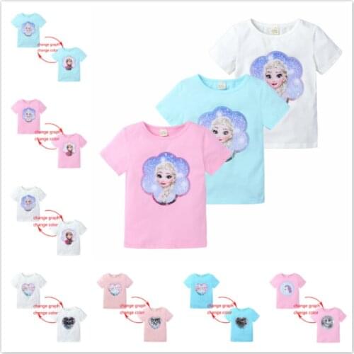 Summer Baby Girl T-shirt Magic Sequin Change Cartoon Frozen Anna Elsa Katoen Children Casual Clothing Fashion Tshirt Kid Top Tee