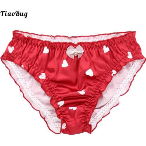 TiaoBug Man Sissy Gay Silky Briefs Cartoon Hearts Print Elastic Waist Ruffled Lace Mesh Bowknot Panties Underwear