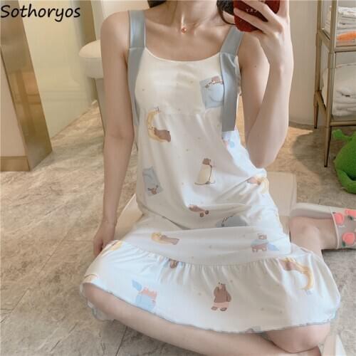 Nightgowns Women Lovely Sleeveless Printed Padded Sleepwear Loose Cotton Comfortable Thin Sleepwear Korean Style Trendy Simple