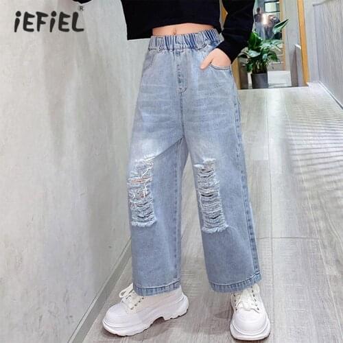 2021 New Kids Girls Pants Casual Loose Wide Leg Trousers Children Teenage Girls Denim Ripped Jeans Pants For Spring Autumn